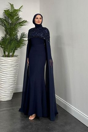 لباس مجلسی حجاب سرمه ای زنانه یقه ایستاده MERVEN AKYÜZ - کد 922171811