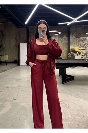 ست بالاتنه و پائین تنه زرشکی زنانه بافتنی missswans - کد 922707411