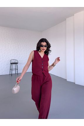 ست بالاتنه و پائین تنه زرشکی زنانه بافتنی MYGİYİMİSTANBUL - کد 922775322