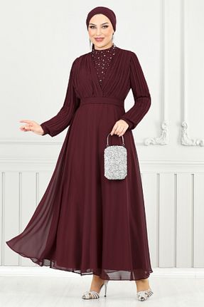 لباس مجلسی حجاب زرشکی زنانه یقه ایستاده ModaMerve - کد 922916888