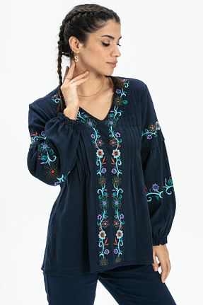 بلوز حجاب سرمه ای زنانه پنبه ای Eliş Şile Bezi - کد 247106081