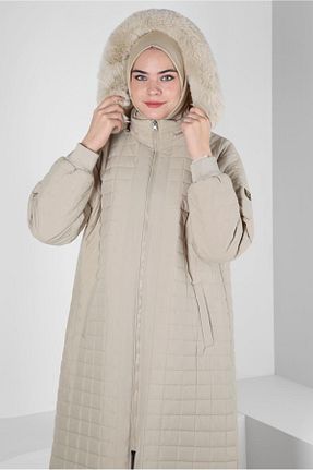 پالتو پشمی حجاب بژ زنانه رگولار Alvina - کد 789852760