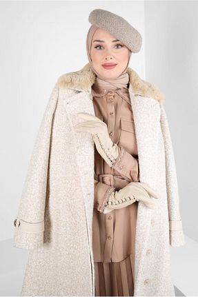 پالتو پشمی حجاب بژ زنانه رگولار Alvina - کد 791025045
