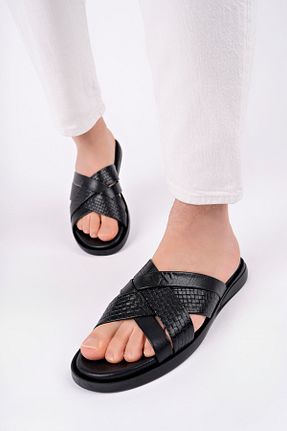 دمپائی مشکی مردانه چرم خالص Akgün Terlik - کد 923231700