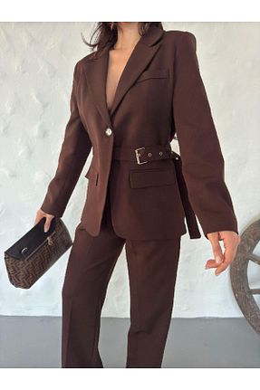 کت بلیزر قهوه ای زنانه مخلوط پلی استر MYGİYİMİSTANBUL - کد 924034709