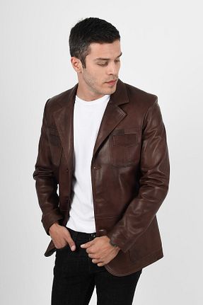 کت بلیزر قهوه ای مردانه چرم خالص ALİN - کد 89795957