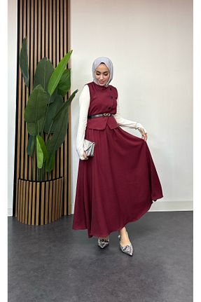 ست بالاتنه و پائین تنه حجاب زرشکی زنانه کلوش FREEMİH TEKSTİL - کد 905500181