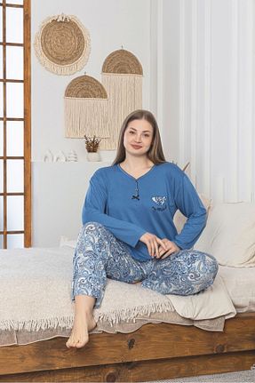 ست لباس راحتی سایز بزرگ آبی زنانه طرح دار Asel - کد 924198716