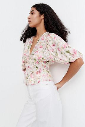 بلوز سفید زنانه گلدار H&M - کد 924395982