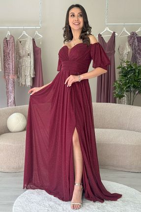 لباس مجلسی سایز بزرگ زرشکی زنانه یقه هفت Elbise Delisi - کد 924620676