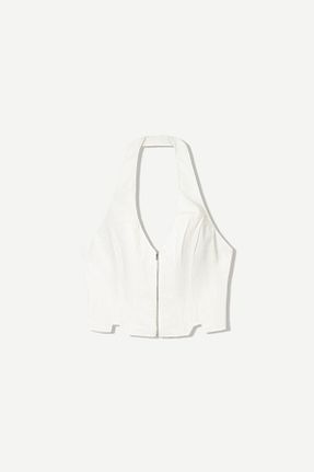 تیشرت سفید زنانه یقه دگاژه Bershka - کد 924516949