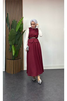 ست بالاتنه و پائین تنه حجاب زرشکی زنانه کلوش FREEMİH TEKSTİL - کد 905500181