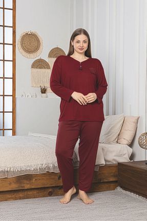 ست لباس راحتی سایز بزرگ زرشکی زنانه طرح دار Asel - کد 924198690