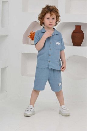ست بالاتنه و پائین تنه آبی بچه گانه بافتنی Narin kids - کد 925079727
