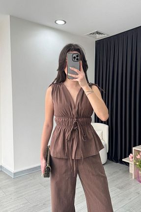 ست بالاتنه و پائین تنه قهوه ای زنانه بافتنی ECEMİ - کد 924633687