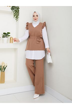 ست بالاتنه و پائین تنه حجاب قهوه ای زنانه رگولار MODAMERSİ - کد 924643301