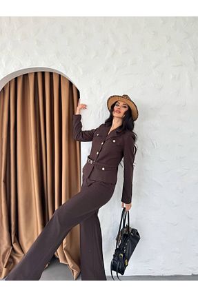 کت و شلوار قهوه ای زنانه یقه کتی NILOO - کد 923687446