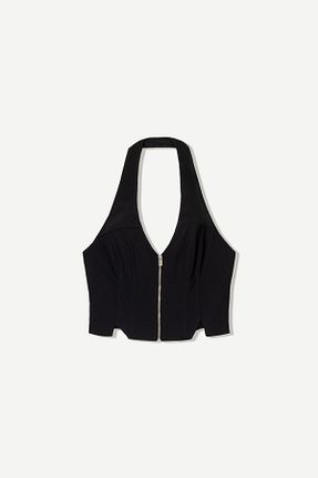 تیشرت مشکی زنانه یقه دگاژه Bershka - کد 924516131
