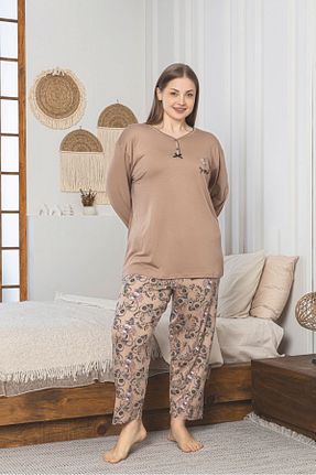ست لباس راحتی سایز بزرگ قهوه ای زنانه طرح دار Asel - کد 924198710