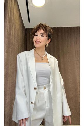 کت بلیزر سفید زنانه پارچه Damla Demli - کد 924367325
