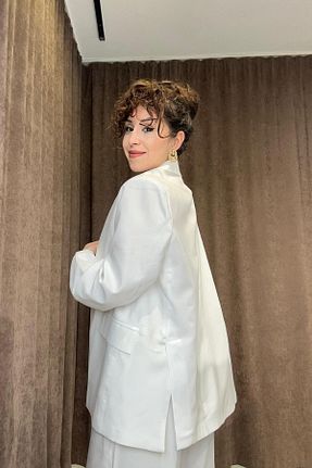 کت بلیزر سفید زنانه پارچه Damla Demli - کد 924367325