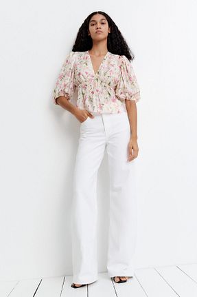 بلوز سفید زنانه گلدار H&M - کد 924395982