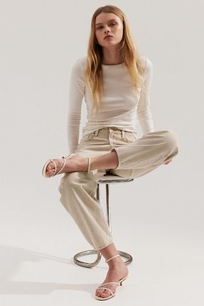 شلوار جین بژ زنانه پاچه لوله تفنگی H&M - کد 924395388