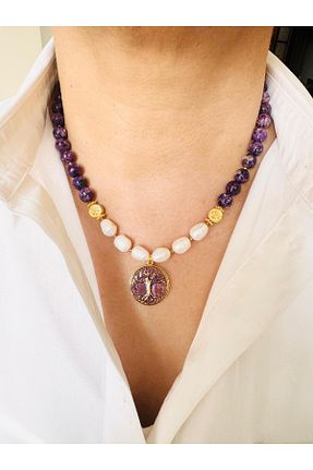 گردنبند جواهر بنفش زنانه روکش طلا DEVİ fashion - کد 924393508