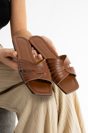 دمپائی قهوه ای زنانه چرم مصنوعی Moda Devrin - کد 924440942