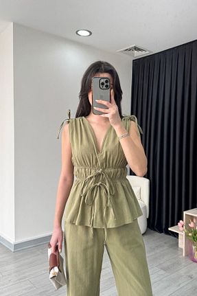 ست بالاتنه و پائین تنه خاکی زنانه بافتنی ECEMİ - کد 924634144