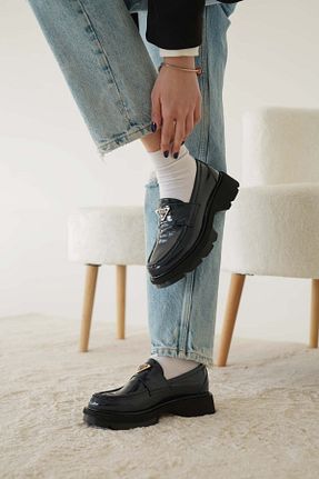 کفش لوفر سرمه ای زنانه چرم خالص öz se shoes - کد 880876064