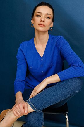 بلوز سرمه ای زنانه ساده Desen Triko - کد 925283099