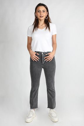 شلوار جین طوسی زنانه پاچه گشاد BALİNS - کد 47966037