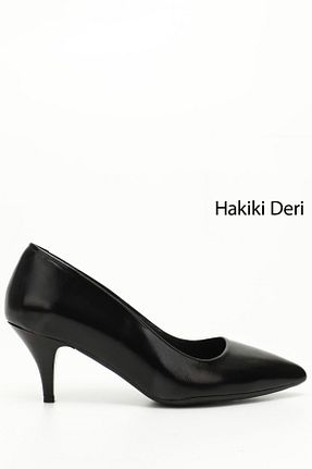 کفش پاشنه بلند کلاسیک مشکی زنانه چرم خالص GÖNDERİ(R) - کد 800559335