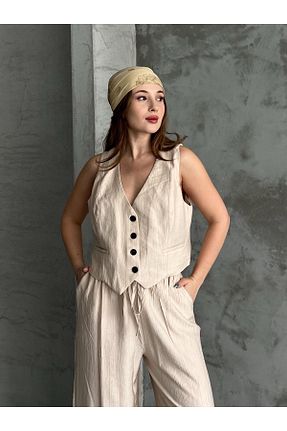ست بالاتنه و پائین تنه طوسی زنانه کتان FERZOLAİO - کد 924319791