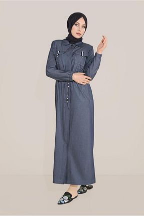 مانتو بلند حجاب سرمه ای زنانه مخلوط ویسکون Alvina - کد 869226815