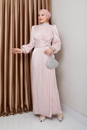 لباس مجلسی حجاب صورتی زنانه یقه ایستاده Olcay - کد 906194106