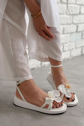 صندل سفید زنانه پاشنه تخت Yula Fashion Shoes - کد 926464548