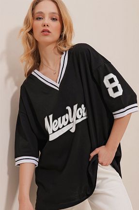 تیشرت مشکی زنانه اورسایز Trend Alaçatı Stili - کد 624124819