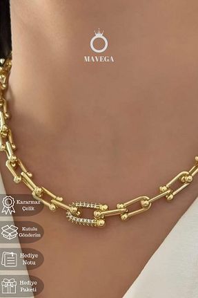 گردنبند استیل ( فولاد ) زرد زنانه استیل ضد زنگ MAVEGA - کد 881800119