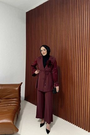 ست بالاتنه و پائین تنه زرشکی زنانه پنبه ای Melike Tatar - کد 925735995