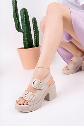 صندل بژ زنانه پاشنه ضخیم BAHRİNA - کد 925788257