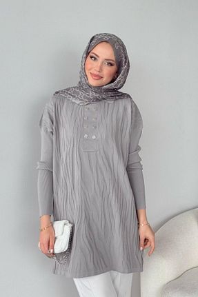 تونیک حجاب طوسی رگولار HAZA MODA - کد 925871680