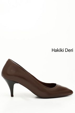 کفش پاشنه بلند کلاسیک قهوه ای زنانه چرم خالص GÖNDERİ(R) - کد 688934892