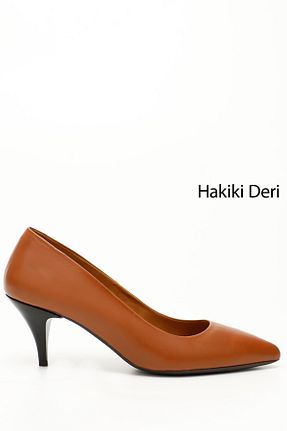 کفش پاشنه بلند کلاسیک قهوه ای زنانه چرم خالص GÖNDERİ(R) - کد 467897394