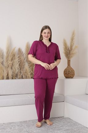ست لباس راحتی سایز بزرگ بنفش زنانه طرح دار Temporium - کد 926019512