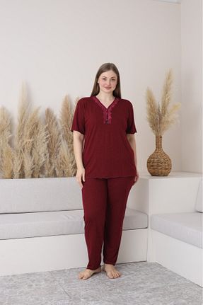 ست لباس راحتی سایز بزرگ زرشکی زنانه طرح دار Temporium - کد 926019850