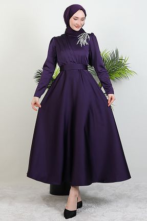 لباس مجلسی حجاب بنفش زنانه یقه ایستاده Giza Giyim - کد 299132379