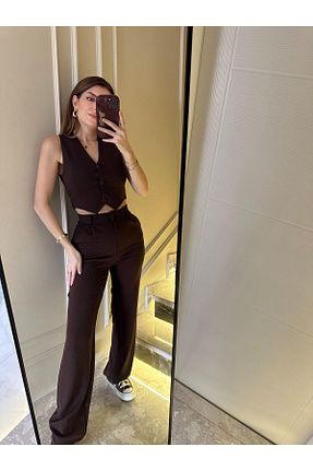 ست بالاتنه و پائین تنه قهوه ای زنانه بافتنی Chamakh - کد 926340785
