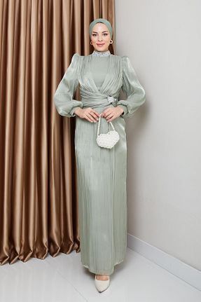 لباس مجلسی حجاب سبز زنانه یقه ایستاده Olcay - کد 906193759